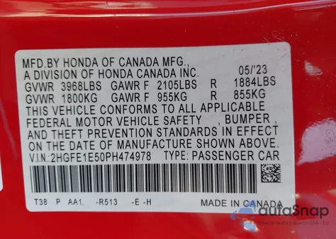 2023 Honda Civic Si из США, поврежденный, VIN 2HGFE1E50PH474978